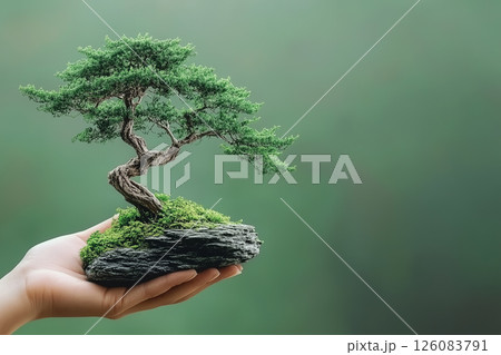 Hand Holding a Bonsai Tree on a Green Background with Bright Sunshine and Natural Elements 126083791