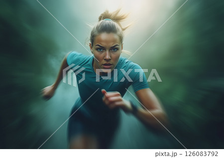 Young Woman Jogging in a Lush Park During a Serene Sunrise with Soft Morning Light Young Woman Jogging in a Lush Park During a Serene Sunrise with Soft Morning Light 126083792