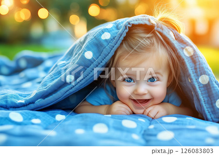 Adorable Baby Smiling Under Blue Blanket with Dots in Bright Outdoor Setting 126083803