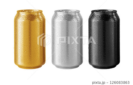 Three refreshing cold soda cans covered with water droplets Three refreshing cold soda cans covered with water droplets 126083863