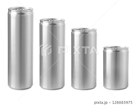 Four blank aluminum cans standing in increasing size order on white background 126083975