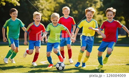 サッカーボールを追いかける少年たち 126084009