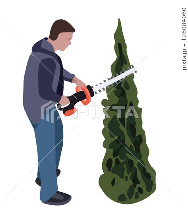 Vector isolated illustration of a worker cutting thuja. Thuja cutting service. Garden care. Vector isolated illustration of a worker cutting thuja. Thuja cutting service. Garden care. 126084060