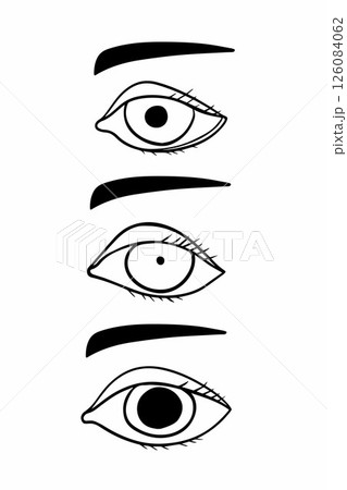 Vector isolated illustration of a set of pupil reactions to light. Enlarged and reduced pupil of the eye. Vector isolated illustration of a set of pupil reactions to light. Enlarged and reduced pupil of the eye. 126084062