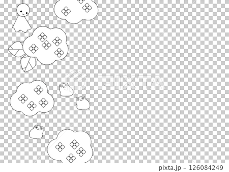 Simple frame of hydrangea, Teru Teru Bouzu and frog 126084249