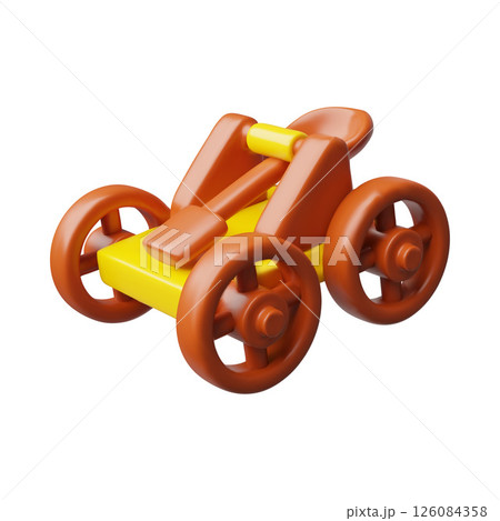 3D catapult on wheels cartoon plastic style vector icon, volume projectile throwing wooden device, old weapon game asset 126084358
