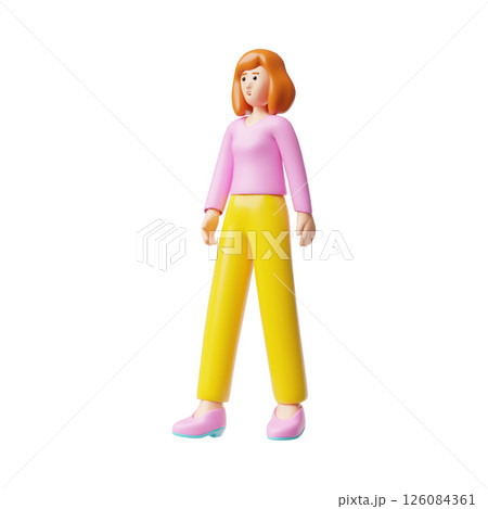 Beautiful young woman goes, walks 3D plastic style, cartoon smiling lady, vector female character portrait full length 126084361