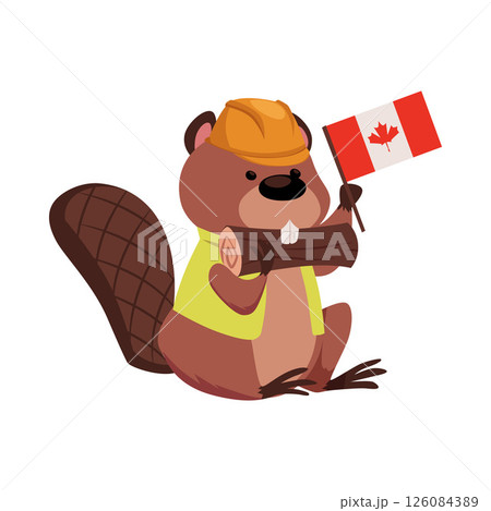 Vector cartoon beaver wearing construction helmet, vests with log in teeth and Canada flag. 126084389