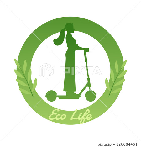 Active woman riding electric walk scooter, ECO life green silhouette logo vector design, ecological urban transport 126084461