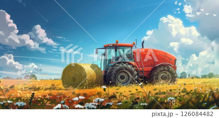 Red Tractor in a Field with Hay Bales 126084482