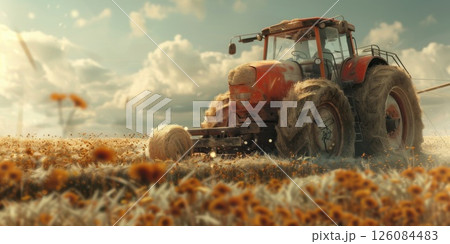Red Tractor in a Field of Hay Bales 126084483