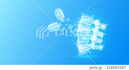 Medical sign symbol blue cross floats out capsule absorbs into bone spine. Emergency medicine first aid and health care innovation treatment. Human organ translucent low poly triangles. Vector. 126084587
