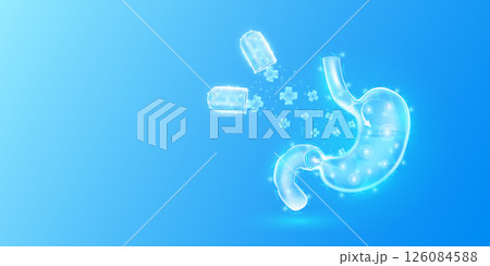 Medical sign symbol blue cross floats out capsule absorbs into stomach. Emergency medicine first aid and health care innovation treatment. Human organ translucent low poly triangles. Vector. 126084588