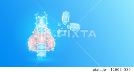 Medical sign symbol blue cross floats out capsule absorbs into thyroid gland. Emergency medicine first aid and health care innovation treatment. Human organ translucent low poly triangles. Vector. Medical sign symbol blue cross floats out capsule absorbs into thyroid gland. Emergency medicine first aid and health care innovation treatment. Human organ translucent low poly triangles. Vector. 126084589