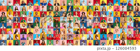 Mosaic of cheerful multicultural people making expressive faces on colored backgrounds. Concept of international diversity Mosaic of cheerful multicultural people making expressive faces on colored backgrounds. Concept of international diversity 126084593