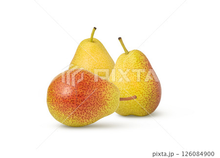 Yellow and red pears isolated on white background. Group of isolated pear fruits. Yellow and red pears isolated on white background. Group of isolated pear fruits. 126084900