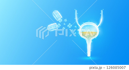 Medical sign symbol blue cross floats out capsule absorbs into bladder. Emergency medicine first aid and health care innovation treatment. Human heart organ translucent low poly triangles. Vector. 126085007