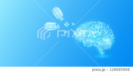 Medical sign symbol blue cross floats out capsule absorbs into brain. Emergency medicine first aid and health care innovation treatment. Human heart organ translucent low poly triangles. Vector. Medical sign symbol blue cross floats out capsule absorbs into brain. Emergency medicine first aid and health care innovation treatment. Human heart organ translucent low poly triangles. Vector. 126085008