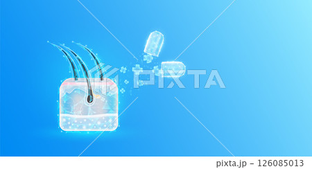 Medical sign symbol cross floats out capsule absorbs into the hair skin. Emergency medicine first aid and health care innovation treatment. Human heart organ translucent low poly triangles. Vector. 126085013