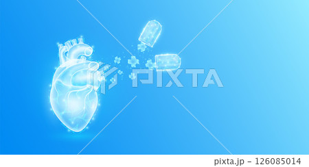 Medical sign symbol blue cross floats out capsule absorbs into the heart. Emergency medicine first aid and health care innovation treatment. Human heart organ translucent low poly triangles. Vector. 126085014