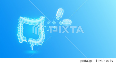Medical sign symbol blue cross floats out capsule absorbs into intestine. Emergency medicine first aid and health care innovation treatment. Human heart organ translucent low poly triangles. Vector. 126085015