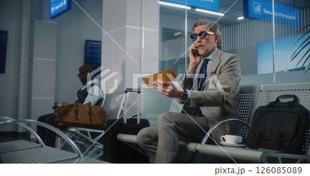 Airport Terminal: Serious Entrepreneur Irritated About Flight Delay Talking on Phone Airport Terminal: Serious Entrepreneur Irritated About Flight Delay Talking on Phone 126085089
