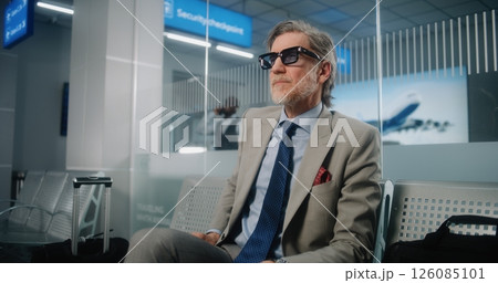 Mature Businessman Sitting in Departure Lounge, Looking at Wristwatch, Drinking Coffee 126085101