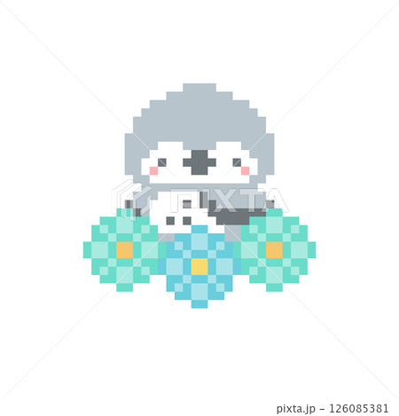 水色の花畑と灰色フクロウのドット絵 水色の花畑と灰色フクロウのドット絵 126085381