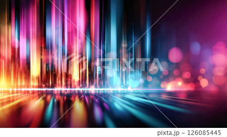 Vibrant abstract digital illustration with colorful vertical lines and glowing bokeh effects, creating a dynamic and energetic atmosphere for creative projects 126085445