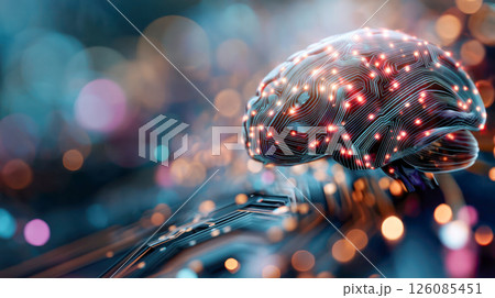 Futuristic digital brain with glowing circuits and vibrant bokeh background, representing advanced technology and artificial intelligence concepts 126085451