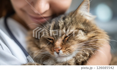 Close-Up of a Woman Cuddling a Relaxed Cat in Her Arms Close-Up of a Woman Cuddling a Relaxed Cat in Her Arms 126085542