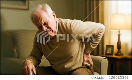 Elderly man experiencing back pain in living room with cautious movement and discomfort Elderly man experiencing back pain in living room with cautious movement and discomfort 126085591