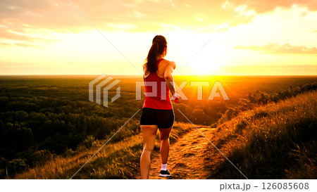 Woman jogging on scenic hilltop trail at breathtaking sunset overlooking vast forest 126085608