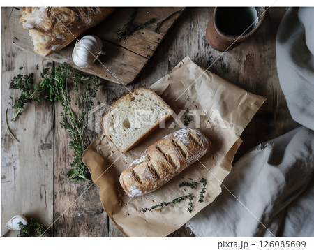 rustic farmhouse kitchen scene with homemade bread, garlic, herbs, kraft paper, linen, and aged wood textures, showcasing cozy, handmade craftsmanship and natural light. 126085609
