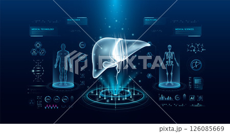 Liver health care technology with scan virtual interface hologram style. X ray and MRT human body examination. Medical diagnostic with HUD, UI, GUI. Analysis in futuristic laboratory. Vector EPS10 Liver health care technology with scan virtual interface hologram style. X ray and MRT human body examination. Medical diagnostic with HUD, UI, GUI. Analysis in futuristic laboratory. Vector EPS10 126085669
