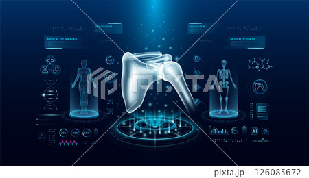 Shoulder health care technology with scan virtual interface hologram style. X ray and MRT human body examination. Medical diagnostic with HUD, UI, GUI. Analysis in futuristic laboratory. Vector EPS10 126085672