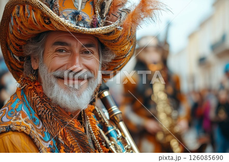 musicians in traditional attire marching alongside giant figures in the Fete des Geants parade, historic architecture in the background, warm daylight enhancing the vibrant scene 126085690