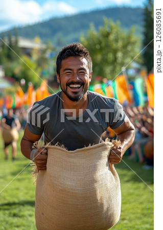 traditional Sabantuy games, men competing in a sack race in a green field, festive flags and cheering spectators in the background, bright daylight illuminating the scene 126085691