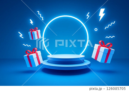 Podium or pedestal for product demonstration, the photo is luxurious, elegant, cosmetic LED neon. 126085705