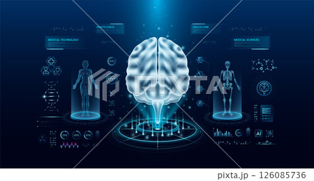 Brain health care technology with scan virtual interface hologram style. X ray and MRT human body examination. Medical diagnostic with HUD, UI, GUI. Analysis in futuristic laboratory. Vector EPS10. Brain health care technology with scan virtual interface hologram style. X ray and MRT human body examination. Medical diagnostic with HUD, UI, GUI. Analysis in futuristic laboratory. Vector EPS10. 126085736
