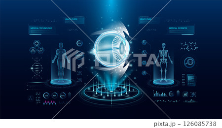 Eyeball health care technology with scan virtual interface hologram style. X ray and MRT human body examination. Medical diagnostic with HUD, UI, GUI. Analysis in futuristic laboratory. Vector EPS10. 126085738