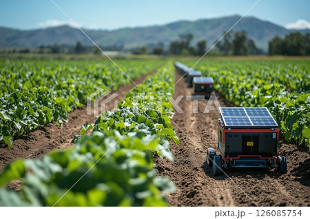 solar powered robots planting seeds in a large field, rows of crops in perfect alignment, clear sunny day with blue skies 126085754