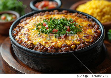 South African bobotie, a baked minced meat dish topped with golden egg custard, served with yellow rice, chutney, and sambals, presented on a rustic wooden table with natural light 126085755