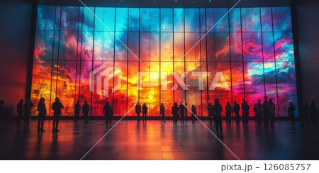 visitors standing in a museum gallery surrounded by large, interactive digital screens 126085757
