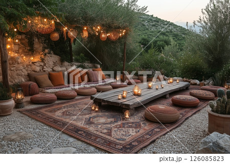 an outdoor lounge area at a boho wedding, featuring rugs, cushions, and low wooden tables with candles and dried flowers, surrounded by nature, warm evening tones an outdoor lounge area at a boho wedding, featuring rugs, cushions, and low wooden tables with candles and dried flowers, surrounded by nature, warm evening tones 126085823