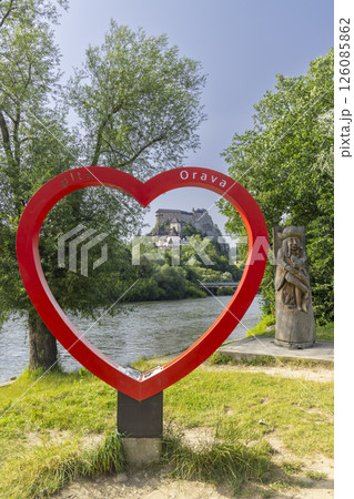 Orava Castle framed by a large red heart symbol near the Orava river in Slovakia Orava Castle framed by a large red heart symbol near the Orava river in Slovakia 126085862