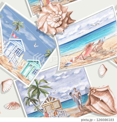 Seamless pattern with shells and sea cards. Watercolor illustration in turquoise color on the theme of the sea for wallpaper design, printing on fabric and linen, packaging design. 126086183