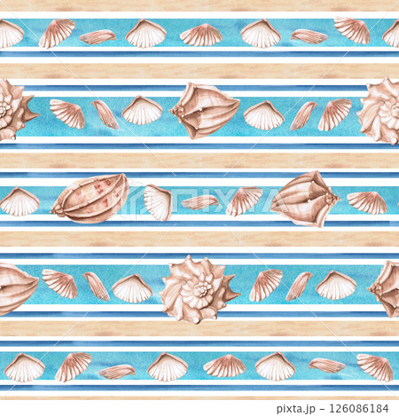 Seamless pattern with shells and stripes. Watercolor illustration in turquoise color on the theme of the sea for wallpaper design, printing on fabric and linen, packaging design. Seamless pattern with shells and stripes. Watercolor illustration in turquoise color on the theme of the sea for wallpaper design, printing on fabric and linen, packaging design. 126086184