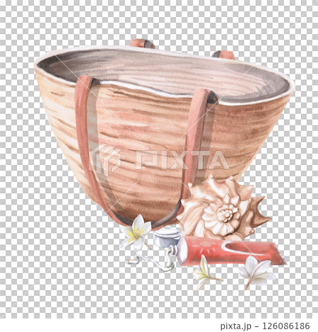 Large beach bag with shell and cream. Isolated watercolor illustration on vacation theme for theme party design, travel postcards, poster and clothing printing. 126086186