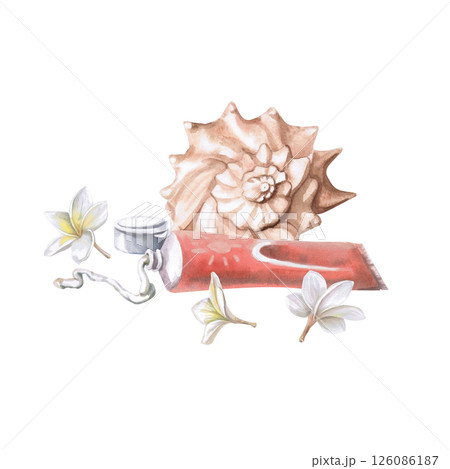 Open tube of sunscreen, shell with frangepani flowers. Isolated watercolor illustration on vacation theme for advertising design for travel agencies, creams, cosmetics. Open tube of sunscreen, shell with frangepani flowers. Isolated watercolor illustration on vacation theme for advertising design for travel agencies, creams, cosmetics. 126086187